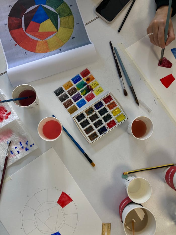 A top-view of an artist's workspace featuring paints, brushes, color wheel, and creative materials.